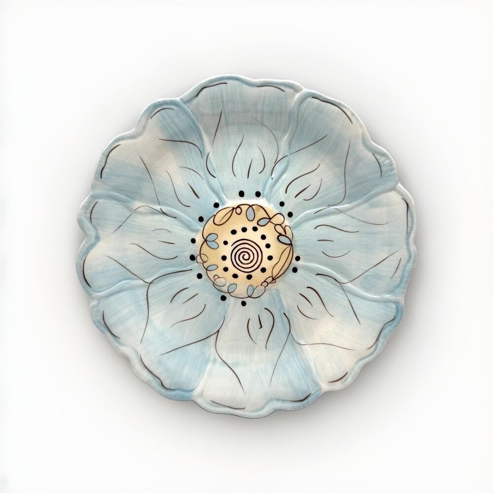 Set of 4 Pier 1 Cassidy Salad Dessert Plates Blue With Crème (Cream) Flower 7.5"